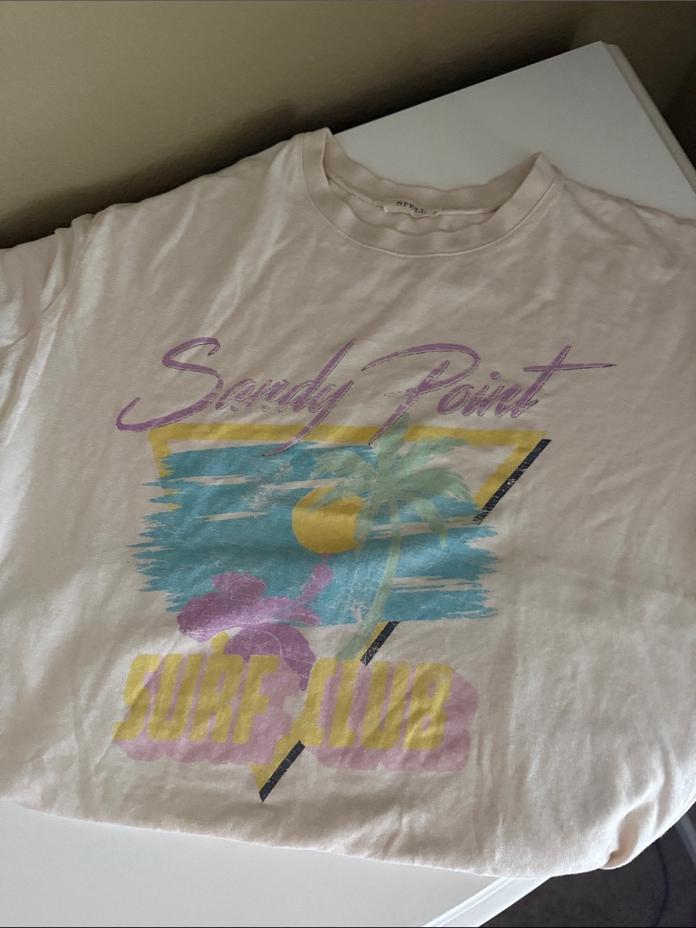 Spell White Graphic Tee with Pastel Surf Print